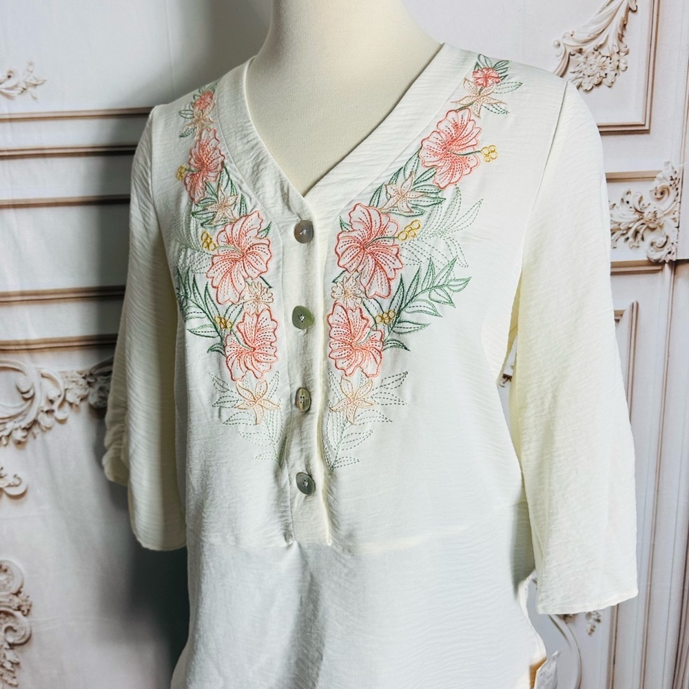 Ruby Rd. Cream Button-Front Top with Peach Floral Embroidery - Picture 5 of 6